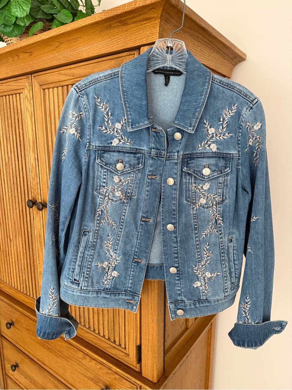 White House Black Market Light Blue Embroidered Denim Jacket